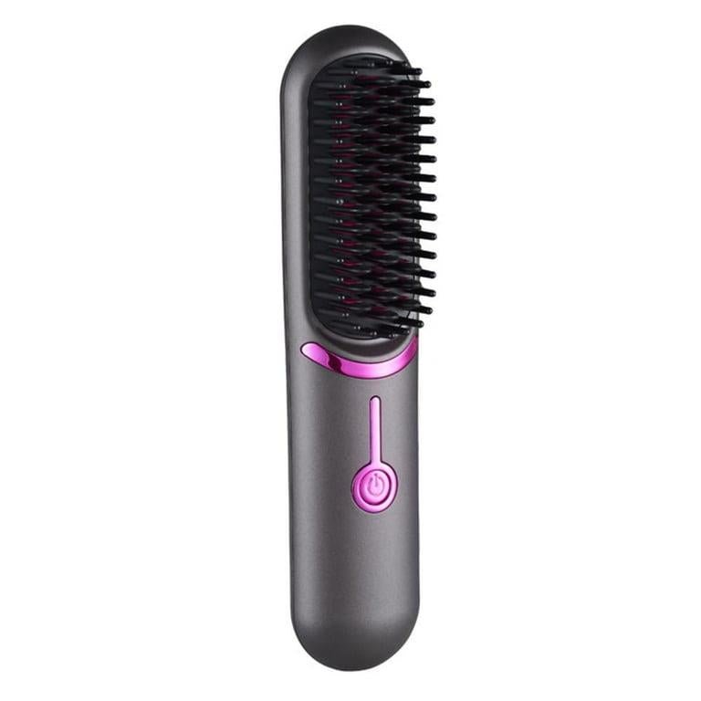 The UNIQ 2-in-1 Straightening Brush with Ceramic Plates features fast heating, USB-C charging, and a power button for sleek black and pink portable hair styling.