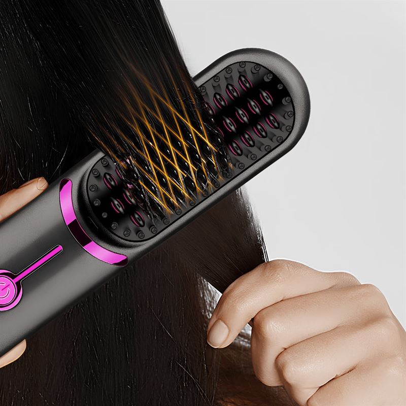 A person uses the UNIQ 2-in-1 Straightening Brush with Ceramic Plates—fast heating and USB-C charging—to effortlessly smooth long, dark hair, with glowing lines hinting at its advanced technology.