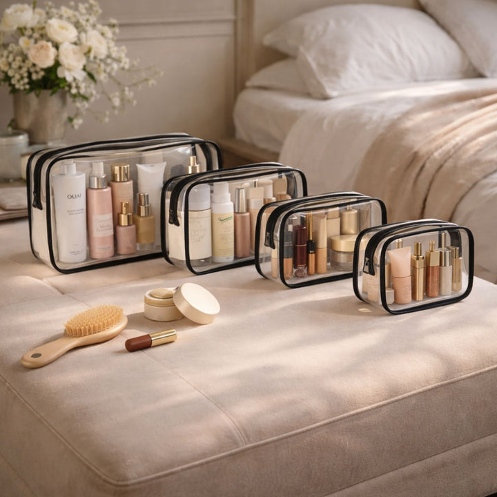 UNIQ Multivarious Trousses de Toilette Transparentes - Set de 4 - Noir