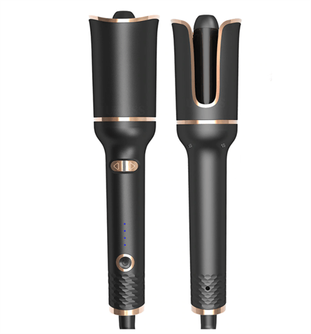 Two Fashiongirl Automatic Curling Irons—Effortless Curls with 2-Way Rotation—are displayed, one forward and one showing its open chamber, control buttons, and LED lights, ideal for quick at-home styling and salon-quality curls.