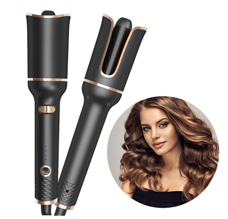 Two Fashiongirl Automatic Curling Irons—Effortless Curls with 2-Way Rotation—are displayed beside a woman with voluminous, curly hair, showcasing the quick styling and salon-quality results this tool provides.