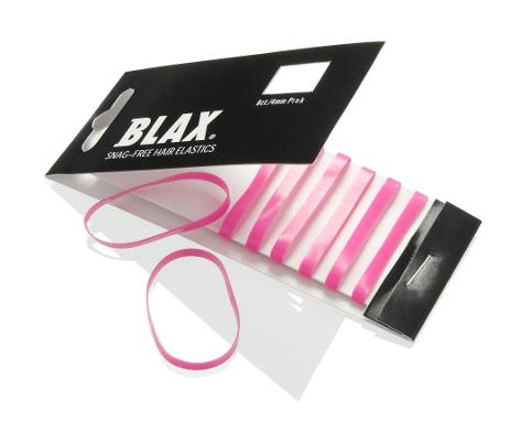 A BLAX Hair Elastics - Pink (8 pcs) package from BLAX is shown open, with several pink and white striped hair elastics inside and two snag-free elastics lying outside on a white surface.
