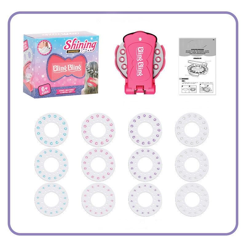 The Fashiongirl Bling Bling Ultimate Glam Kit includes a pink diamond styling tool, 180 diamonds, 12 colorful bead discs, instructions, and a box. Perfect for ages 6+ to create glam hair accessories.