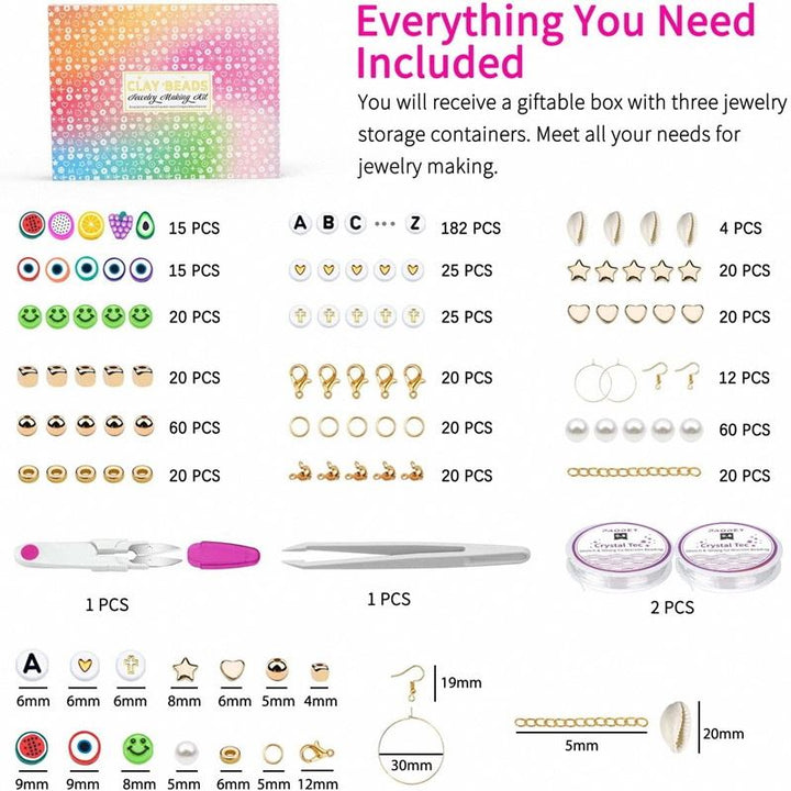 Fashiongirl’s Clay Beads / Heishi Beads Arona Kit includes 12,000 rainbow beads and tools for jewelry making. The KREA DIY kit features labeled quantities, storage containers, pliers, and Everything You Need Included on a white background.