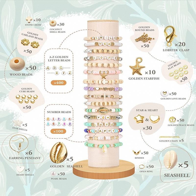 An image of the Fashiongirl Clay Beads / Heishi Beads Bohemian Kit - KREA DIY Jewellery Kit (6000 pcs) shows a display stand with colorful beaded bracelets and labeled illustrations detailing beads, charms, clasps, shells, and pendants with quantities.