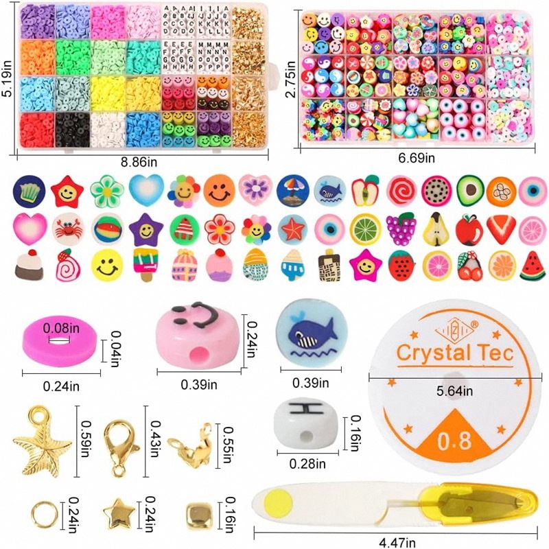 The Fashiongirl Clay Beads / Heishi Beads Fimo Kit includes 4500 colorful beads, fruit and animal shapes, metallic clasps, Crystal Tec elastic spool, and a yellow bead threader—ideal for creative jewelry projects. Measurements shown in inches.