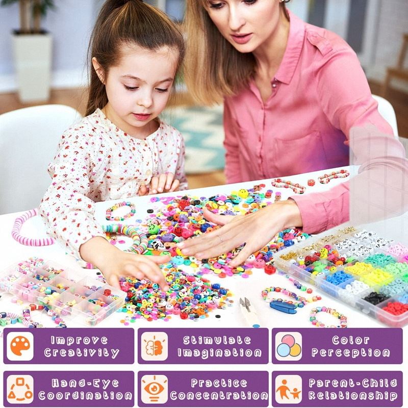 An adult and child create crafts at a table with Fashiongirl’s Clay Beads / Heishi Beads Fimo Kit – KREA DIY Jewellery Kit (4500 pcs). Colorful beads and finished bracelets are displayed, highlighting creativity, focus, and parent-child bonding.