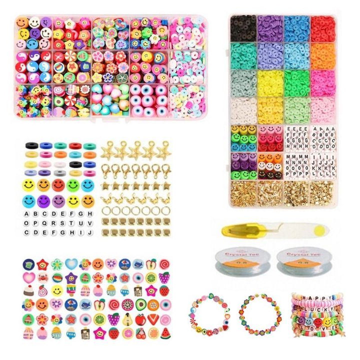 The Fashiongirl Clay Beads / Heishi Beads Fimo Kit - KREA DIY Jewellery Kit includes 4500 assorted colorful beads, charms, letter beads, elastic string, clasps, and two pre-made bracelets neatly arranged in compartments.