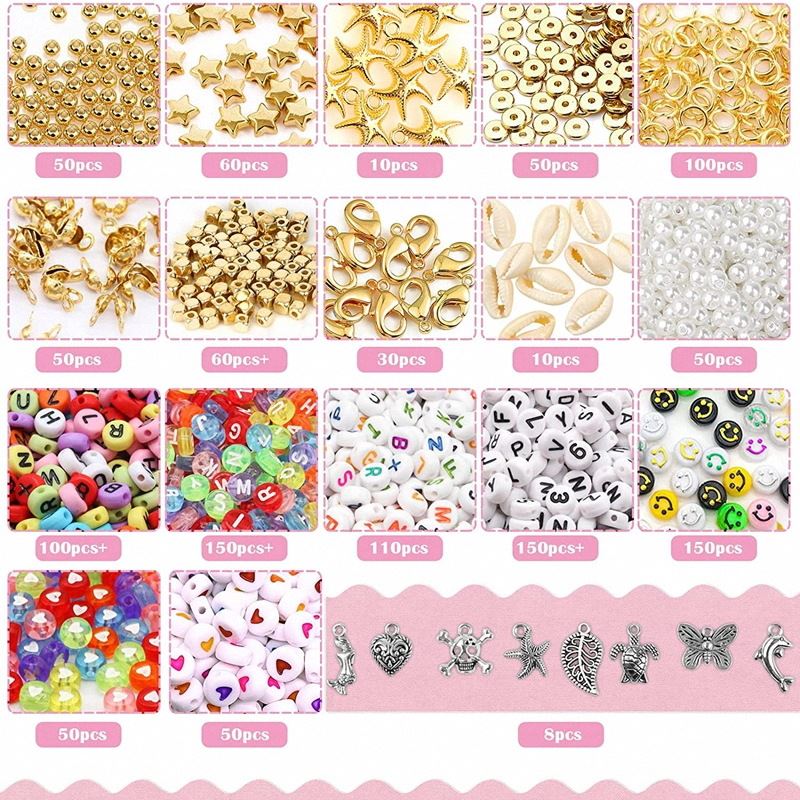 Grid displaying Fashiongirl’s KREA DIY Jewellery Kit—7000-piece set with assorted Clay Heishi beads, gold stars, hearts, pearls, alphabet beads, smiley faces, and silver charms; each type clearly labeled with quantities.