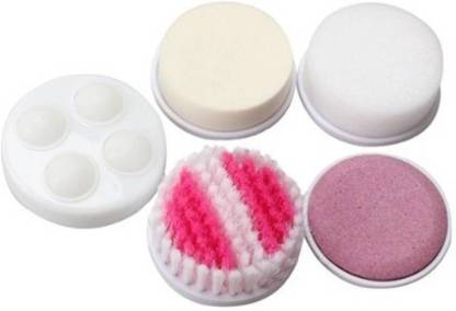 The Fashiongirl Facial Brush 5-in-1 features five interchangeable heads: a pink-and-white soft bristle brush, two sponge pads, a four-knob massage head, and a pumice stone—perfect for your skincare routine with any facial cleanser.