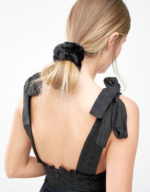 Hair elastic with fur - Faux Scrunchie, black - Hair Accessories