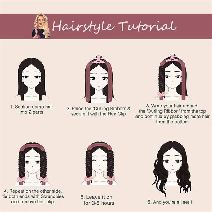 Step-by-step tutorial shows a woman using Fashiongirl Heatless Hair Curlers (Pink) to section, wrap, secure, and remove for loose curls. Each of the six illustrated steps includes simple text instructions for easy, heat-free styling.