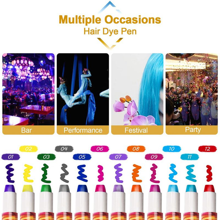 A promotional image for the UNIQ Hair chalk - Vibrant Hair Chalk Color Pen set (12 colours) displays four event types—bar, performance, festival, and party—above twelve washable color pen swatches with matching numbered tips.