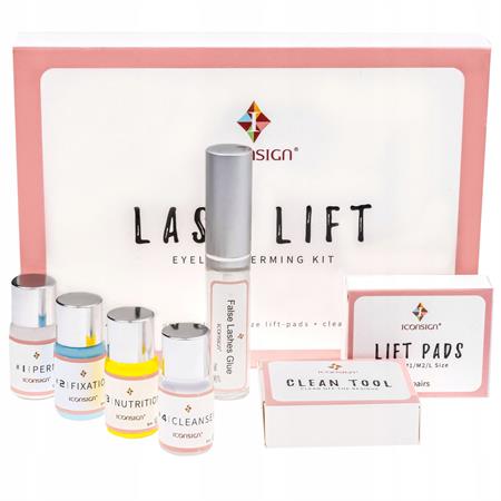 The Fashiongirl Lash Lift Kit by IconSign includes perm, fixation, nutrition, and cleanser bottles, lash glue, lift pads, clean tool, and a pink-white box—everything for salon-quality eyelash perm treatments at home.