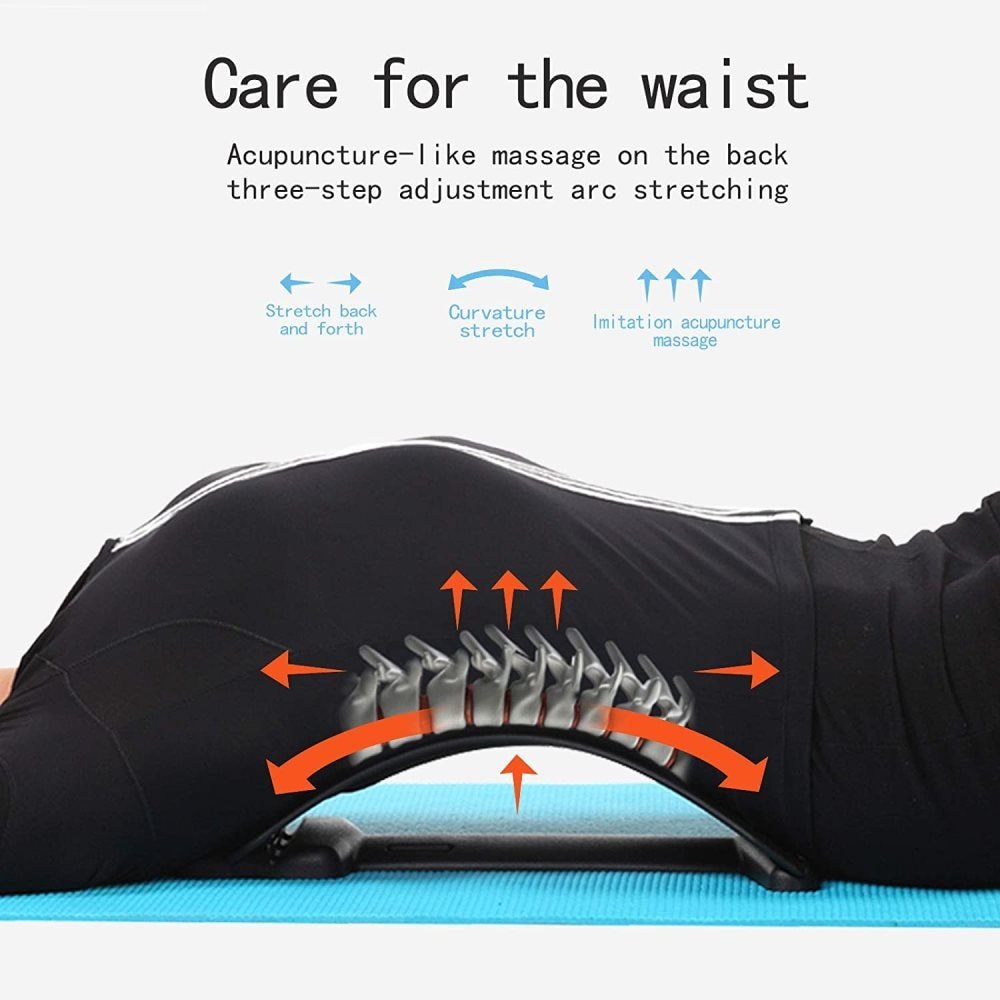 Une personne est allongée sur un tapis bleu et utilise le Fashiongirl Pro Back Stretcher, un soutien lombaire noir avec des rainures en relief. Les flèches orange montrent les avantages en termes de correction de la posture et de soulagement de la douleur, en mettant en évidence son massage de type acupuncture et sa conception en trois étapes.