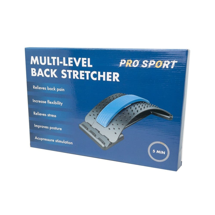 Une boîte bleue et blanche portant la mention « Fashiongirl Pro Back Stretcher » montre un appareil de traction noir et bleu et met en avant le soulagement de la douleur, l'amélioration de la souplesse, la réduction du stress, la correction de la posture et le soutien lombaire.