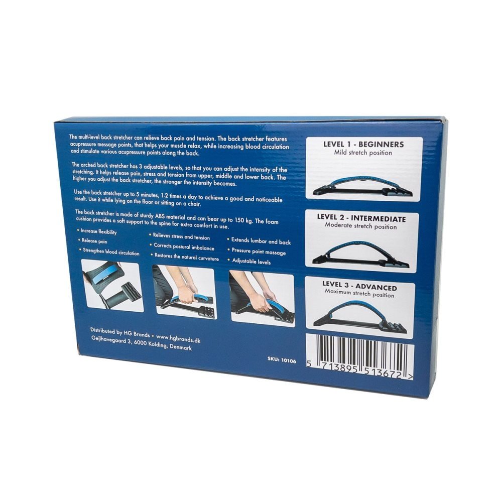 Une boîte bleue affiche les instructions d'utilisation du Fashiongirl Pro Back Stretcher, avec trois schémas annotés (débutant, intermédiaire, avancé) pour aider à soulager la douleur et corriger la posture. Le texte décrit les caractéristiques et les avantages du produit.