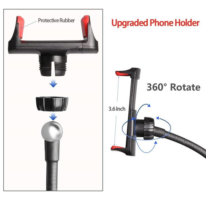 Diagram of the UNIQ Selfie Ring Light: features LED brightness control, flexible 360° rotating arms, and a phone holder with protective grips and screw mechanism—expands to 3.6, ideal for shake-free streaming, vlogs, or makeup.