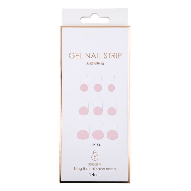 A white and gold UNIQ box labeled Semi Cured Gel Nail Stickers / Self-adhesive nail polish - Classic French (JK-331) holds 24 pieces with pink designs. Both English and Chinese text are on the packaging.