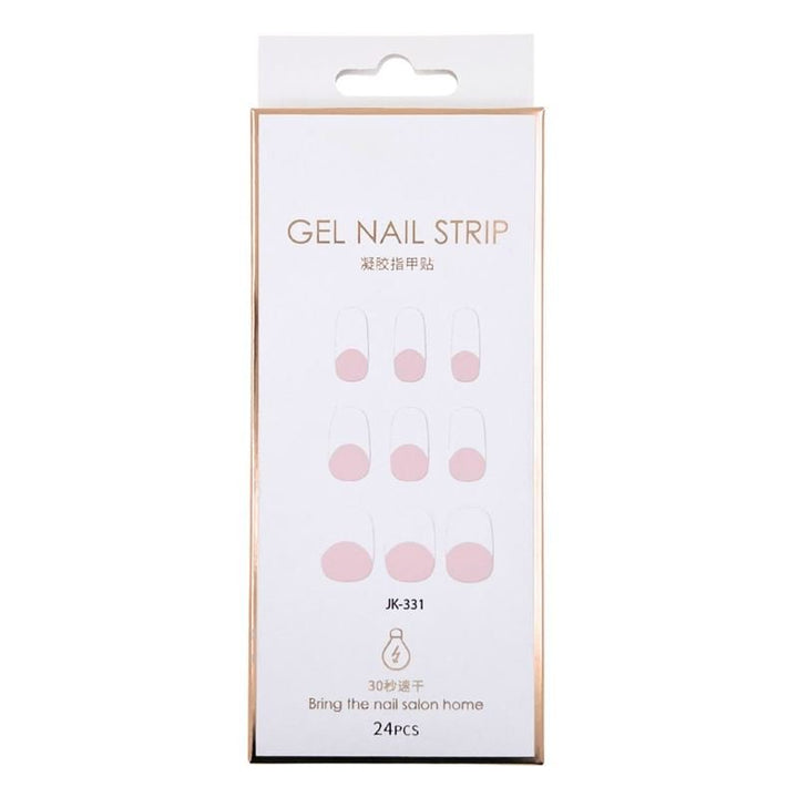 A white and gold UNIQ box labeled Semi Cured Gel Nail Stickers / Self-adhesive nail polish - Classic French (JK-331) holds 24 pieces with pink designs. Both English and Chinese text are on the packaging.