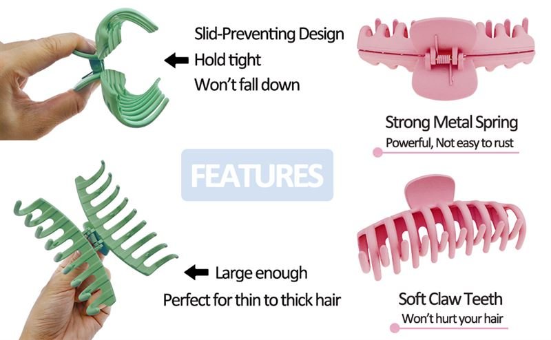A graphic displays the SOHO Kana Hair Claw - Beige by SOHO, highlighting its strong grip, slide-preventing design, large size for all hair types, and soft claw teeth that protect hair.