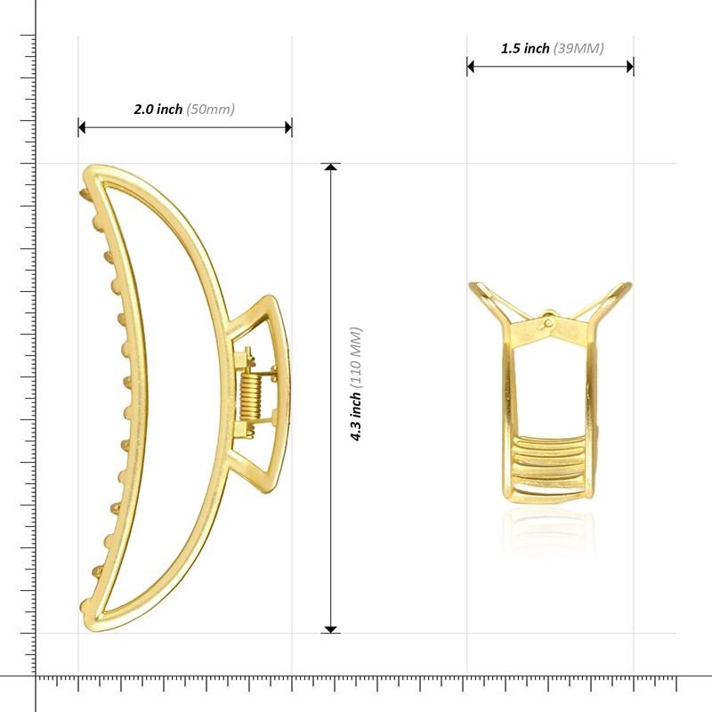 SOHO Lyra Large Metal Hair Claw in Gold, shown from side and front, measures 4.3" (110mm) tall, 2.0" (50mm) wide, and 1.5" (39mm) deep—ideal for secure messy buns or elegant styles; displayed on a grid background with rulers.