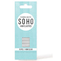 Élastiques à cheveux SOHO Snag-Free - 10 pièces transparentes, 4 mm d'épaisseur, présentées dans un emballage bleu clair avec un motif circulaire et une fenêtre de visualisation. Solides, élastiques et doux pour tous les types de cheveux.