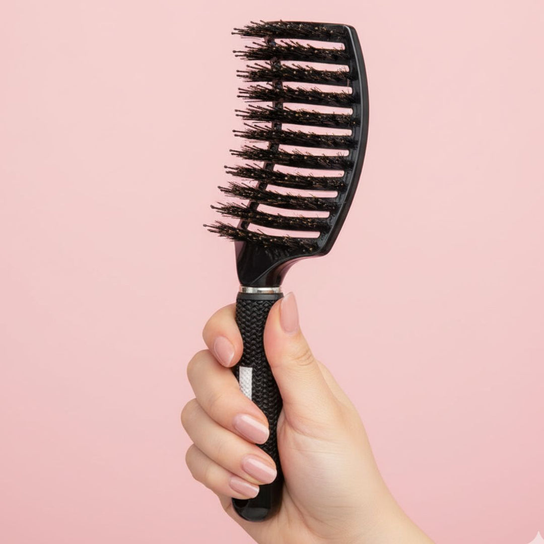 TBC Curved Paddle Brush - Detangling Hair Brush with Boar Bristle Hair - Black - Hair Styling tool