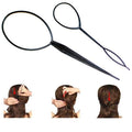 Le kit de 2 outils de coiffure Topsy Tail Fashiongirl Fashiongirl est présenté ci-dessus à travers trois images illustrant étape par étape comment utiliser l'outil pour créer un chignon torsadé avec de longs cheveux bruns, guidé par des flèches rouges.