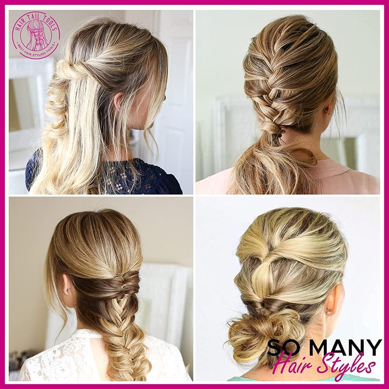 A collage of updo hairstyles—braids, a twisted bun, and half-up style—created using the Fashiongirl Topsy Tail Hair Styling Tool. Text: SO MANY Hair Styles.