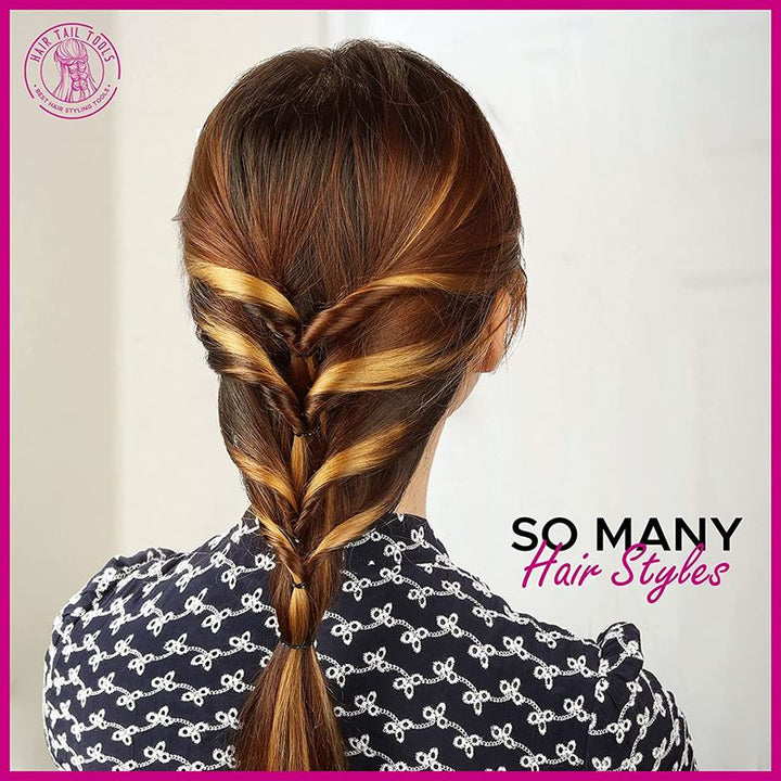 A woman with brown and blonde highlights wears a patterned shirt and shows off a loose, stylish topsy tail ponytail braid using the Fashiongirl Topsy Tail Hair Styling Tool 2-Piece Set. Text reads: SO MANY Hair Styles.