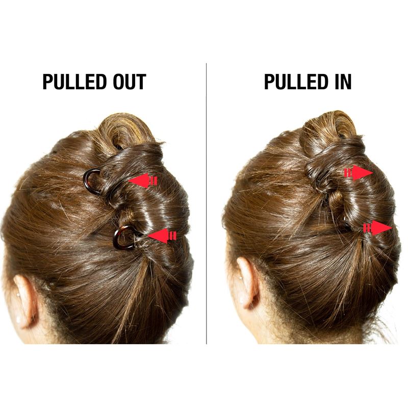 Les images côte à côte montrent le chignon d'une femme. À gauche, on voit des épingles retirées ; à droite, un lot de 3 épingles à cheveux SOHO Twist Chignon fixées en place, avec des flèches indiquant la direction de chaque épingle.