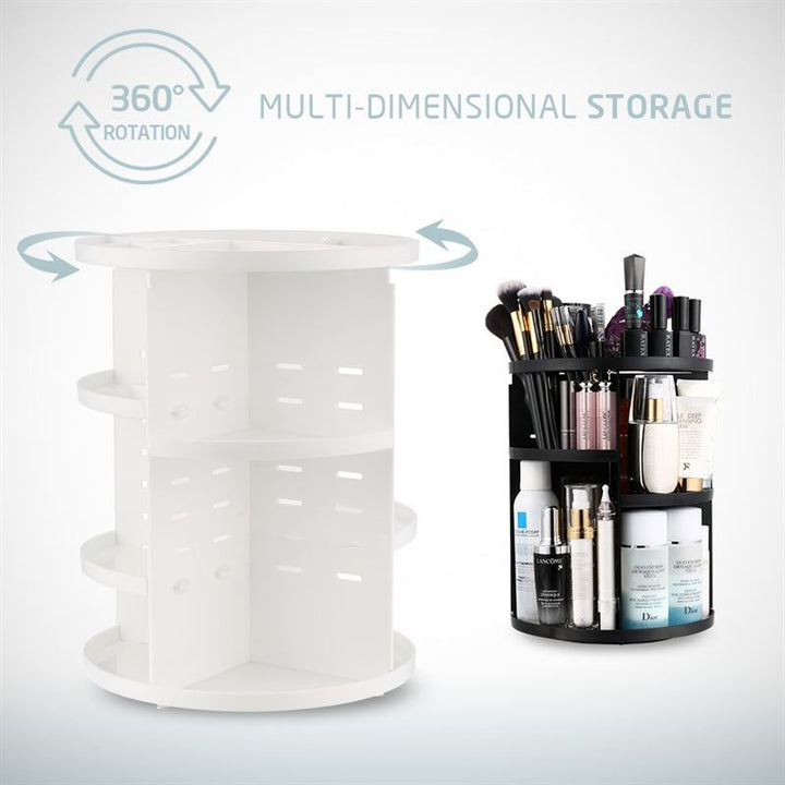 The UNIQ 360° Rotating Makeup Organizer in white stands beside a black version, neatly holding brushes and skincare items. An arrow and 360° ROTATION label highlight the organizer’s spinning feature for easy access to cosmetics.