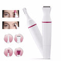 La tondeuse 5 en 1 UNIQ pour les sourcils, le nez, le maillot et le visage est présentée en blanc et rose avec ses accessoires. Des gros plans montrent une femme utilisant la tondeuse de précision. Quatre icônes mettent en avant ses accessoires polyvalents.