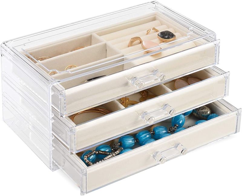 UNIQ Acrylic Jewellery Box with 3 Drawers - Organiser storage for earrings, necklaces, bracelets, watches etc. - Jewelry Box