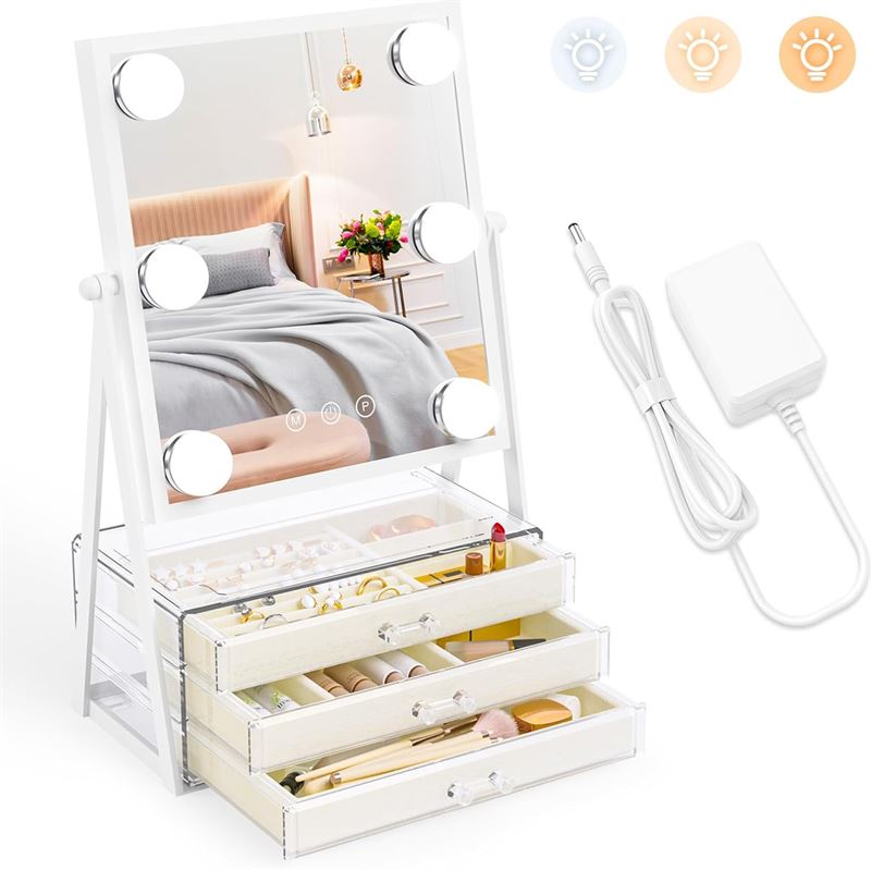 Miroir de maquillage UNIQ Glasgow avec 6 ampoules LED et 3 tiroirs de rangement pour bijoux - | Fashiongirl