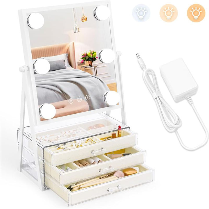 Miroir de maquillage UNIQ Glasgow avec 6 ampoules LED et 3 tiroirs de rangement pour bijoux - | Fashiongirl