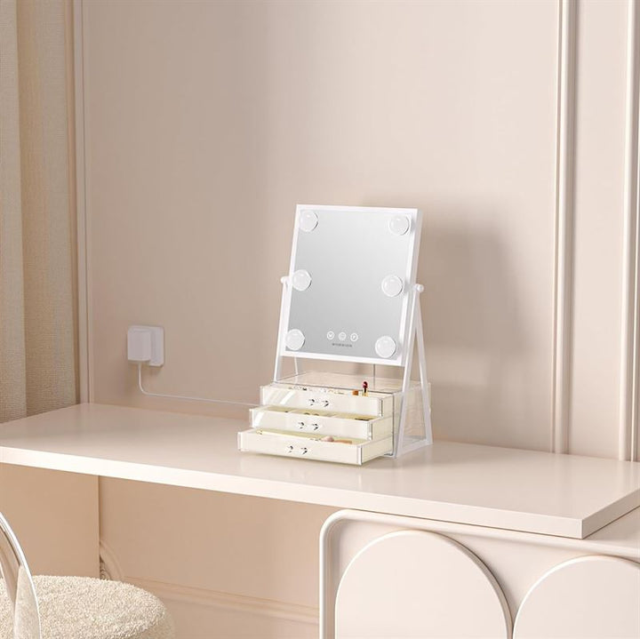 Miroir de maquillage UNIQ Glasgow avec 6 ampoules LED et 3 tiroirs de rangement pour bijoux - | Fashiongirl