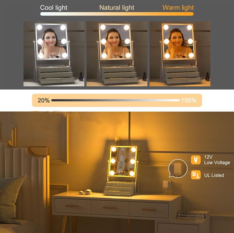 Miroir de maquillage UNIQ Glasgow avec 6 ampoules LED et 3 tiroirs de rangement pour bijoux - | Fashiongirl