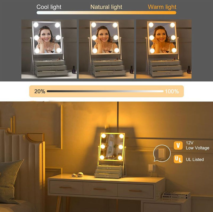 Miroir de maquillage UNIQ Glasgow avec 6 ampoules LED et 3 tiroirs de rangement pour bijoux - | Fashiongirl