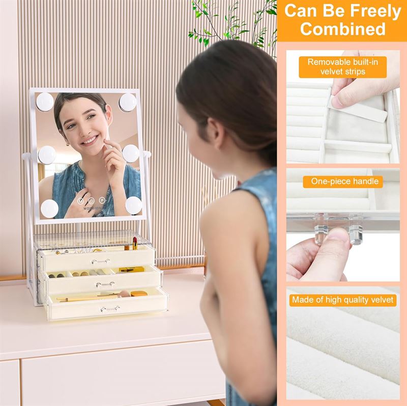 Miroir de maquillage UNIQ Glasgow avec 6 ampoules LED et 3 tiroirs de rangement pour bijoux - | Fashiongirl