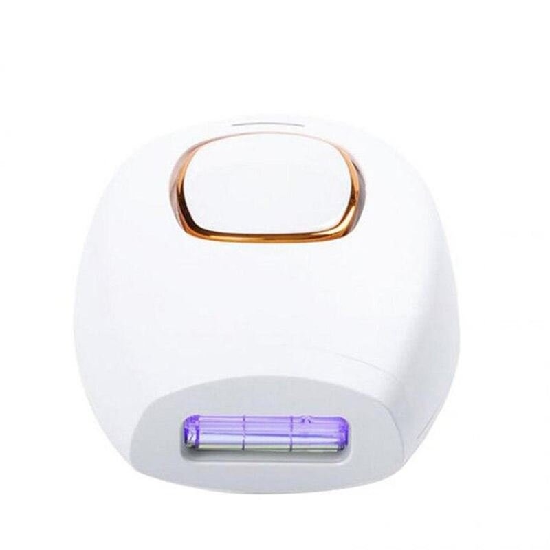 The UNIQ IPL Hair Removal Device, a white handheld device with gold accents and a purple light window, offers smooth, pain-free permanent hair reduction at home with 600,000 flashes and is shown against a plain white background.