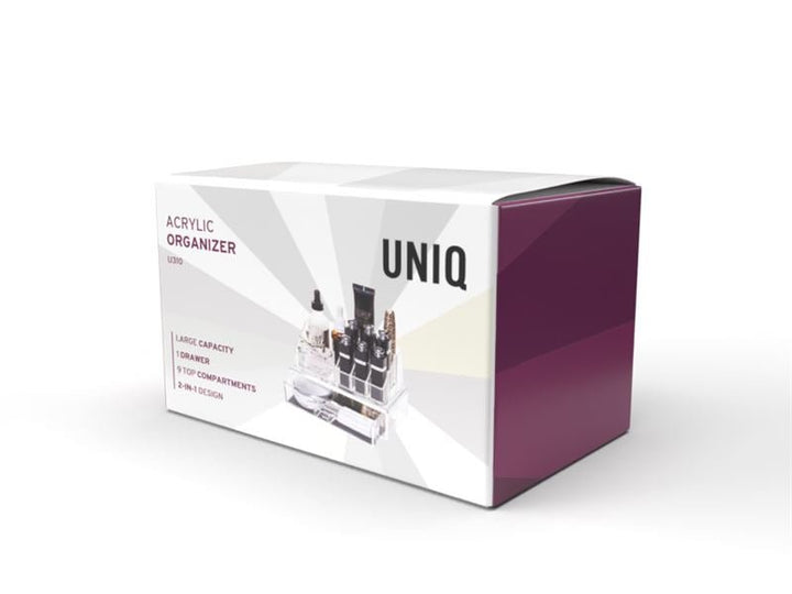 The UNIQ Makeup Acrylic Organiser with 1 drawer + top (SF-1061) by UNIQ comes in a mainly white box with purple accents and an image of the clear organiser holding cosmetics—ideal for stylish beauty storage or as a chic makeup organiser.