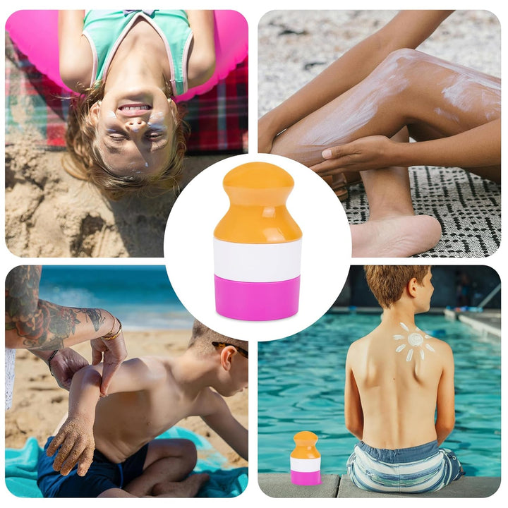 A collage shows kids using the UNIQ Portable Refillable Sponge Roller Applicator (100ml) to apply mess-free sunscreen outdoors—one lying on a towel, others with lotion on their arms and backs, and a sun shape drawn on a boy’s back.