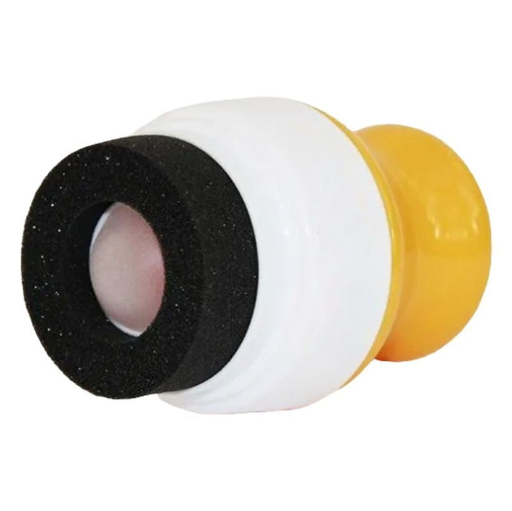 A close-up of the UNIQ Portable Refillable Sponge Roller Applicator (100ml) shows its yellow, white, and black foam tip; designed by UNIQ for mess-free sunscreen or lotion application for kids.