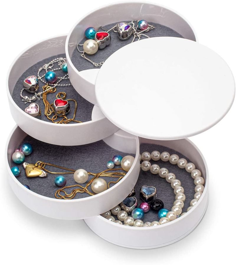 UNIQ Rotatable round jewellery box / organiser with 4 compartments - White - Jewelry Box