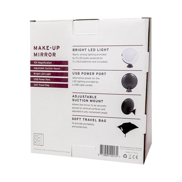 UNIQ Round Mirror with LED Light and Suction Cup x10 Magnifying Mirror - Black - | Fashiongirl