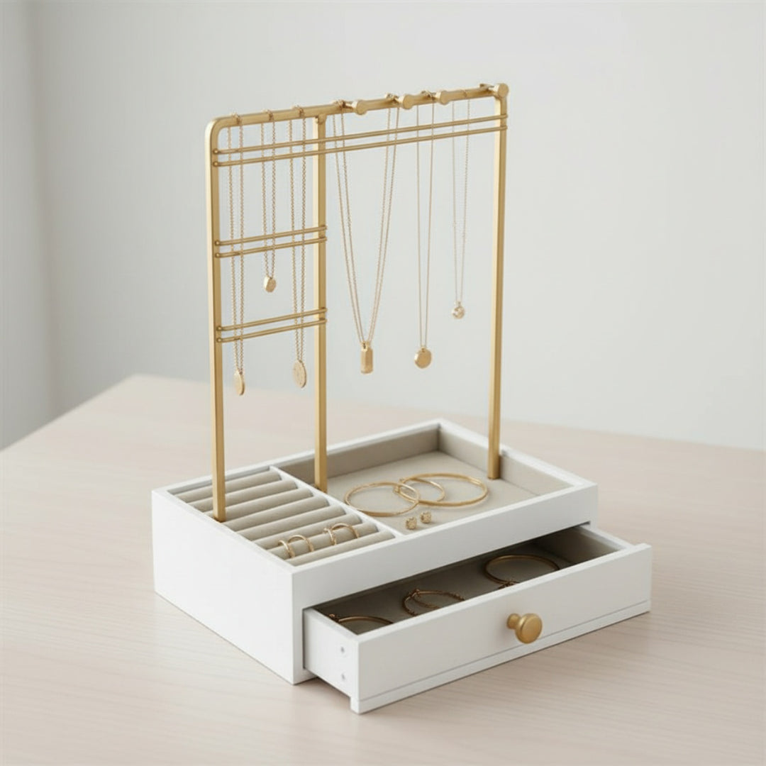 Porte-Bijoux UNIQ Doré avec Tiroir - Présentoir pour Boucles d'Oreilles, Bagues et Colliers (29 cm)