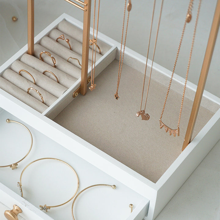 Porte-Bijoux UNIQ Doré avec Tiroir - Présentoir pour Boucles d'Oreilles, Bagues et Colliers (29 cm)