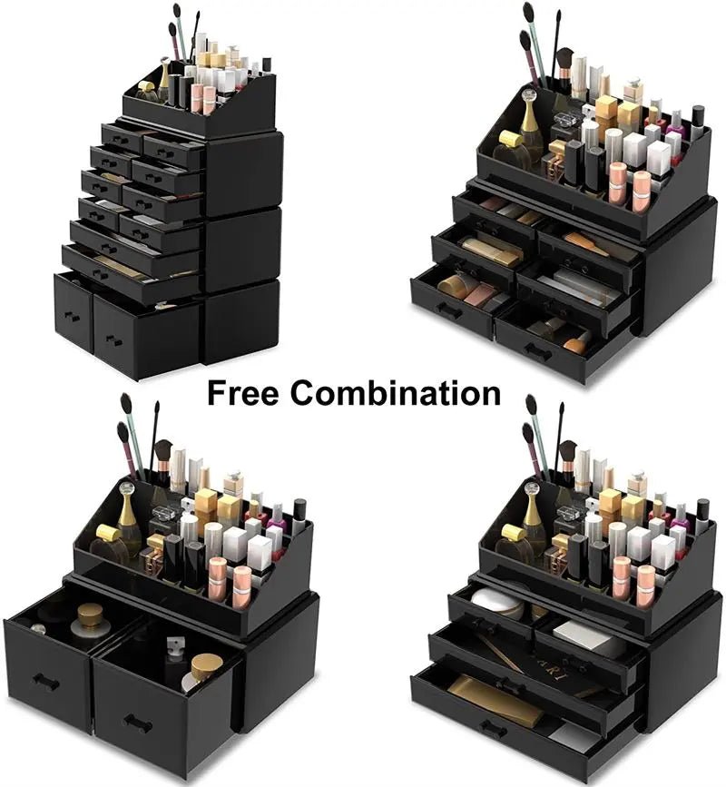 The UNIQ XXL Organiser with 12 drawers and 16 compartments in black displays cosmetics and brushes, featuring “Free Combination” in the center—a perfect acrylic makeup organizer for every beauty organiser lover.